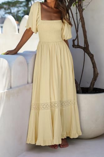 R.Vivimos Women's Summer Square Neck Smocked Slit Maxi Dress - color: Light Yellow, size: Medium