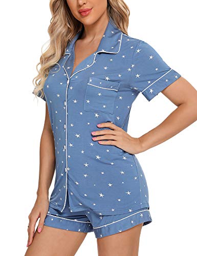 Senert Womens Pajamas Sets Soft Button Down Short Sleeve Sleepwear - color: A Lake Blue With Star With Line, size: XX-Large