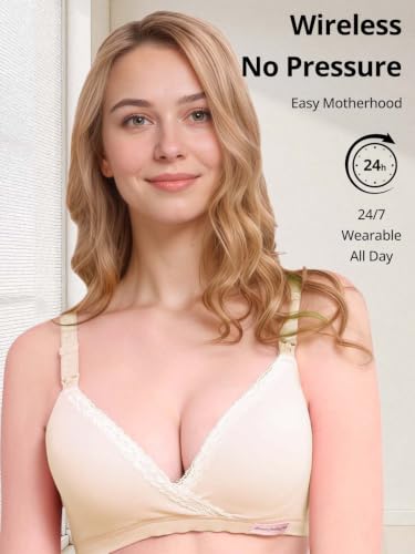 Cross-Front Cotton Nursing Bras - Wireless V Neck Sleep & Lounge Bralette, Comfy Wirefree Pregnancy & Breastfeeding Bra - color: Beige, size: Large