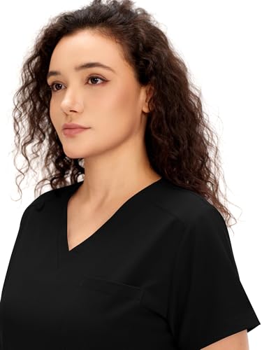 COZYFIT Scrubs for Women - V Neck Top & Cargo Straight Pants 12 Pockets - color: Black, size: Small