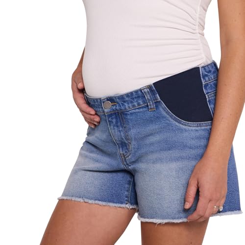 Motherhood Maternity Women's Under the Belly Cutoff Denim Pregnancy Shorts with Side Elastic Panel Insets - color: Lily Wash, size: Medium