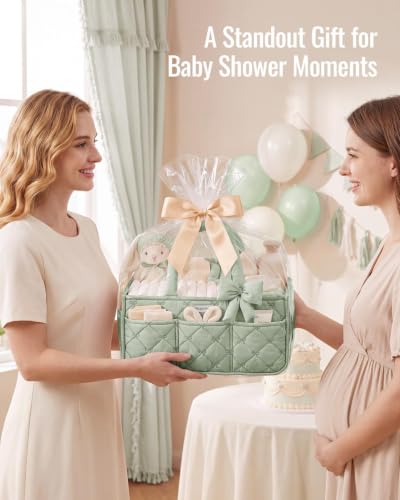 Blissful Diary Baby Diaper Caddy Organizer, Nursery Basket, Bow Sage Green - color: Bow Sage Green