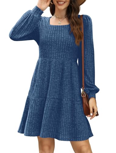 Sampeel Womens Square Neck Long Sleeve Fall Dresses Casual Babydoll Sweater Dress - color: Blue, size: Small
