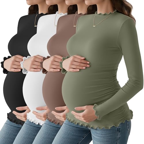 4 Pack Women Maternity Side Ruched Long Sleeve Shirts - color: Gray Green, Brown, White, Black, size: Large
