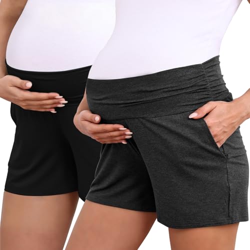 Eileithyia Women's Maternity Lounge Shorts with Pockets Cooling Summer Maternity Clothes Pregnancy Must Haves - color: 2pack Black/Dark Grey, size: Small-Medium