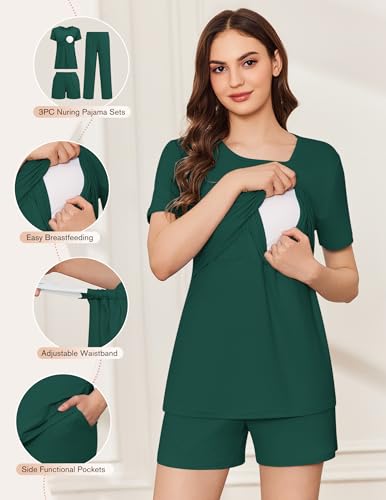 Ekouaer 3 Pack Postpartum Nursing Pajamas Breastfeeding Maternity Clothes - color: Lake Green, size: XX-Large