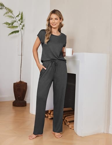 Ekouaer 2 Packs Pajamas for Women Set Cap Sleeve Top and Pants Lounge Set - color: Deep Grey/Deep Green, size: Small
