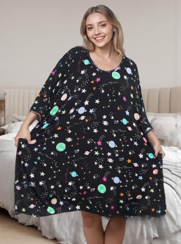 CRIPOM Plus Size Moo Moos for Women Oversized Sleep Shirts with Pockets - color: Star Universe