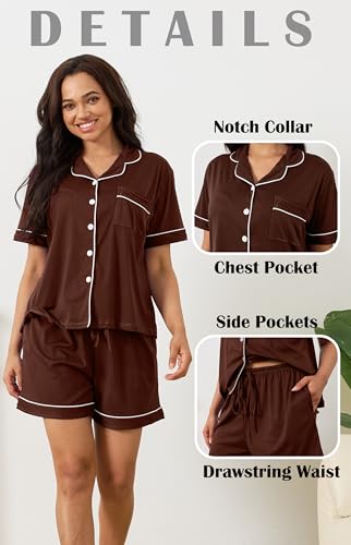 Vopmocld Women Pajama Shorts Sets Cozy 2pcs Button Down Sleepwear Solid PJS - color: Brown, size: XX-Large