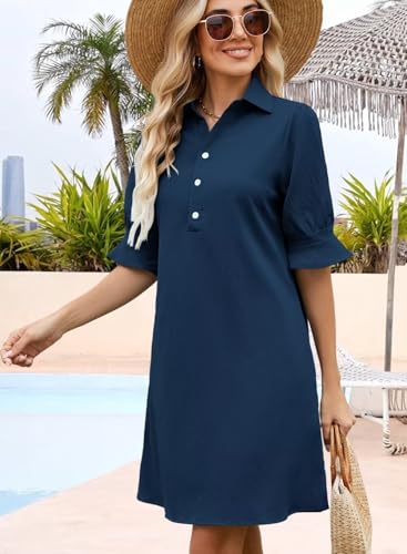 FEKOAFE Womens Casual Dress V Neck Short Sleeve Shift Dresses with Pockets - color: Aa-navy Blue, size: Small