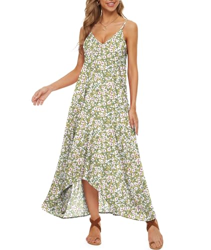 LILBETTER Women V-Neck Polka Dot Print Spaghetti Strap Boho Long Maxi Dresses - color: F Lily Green, size: Medium