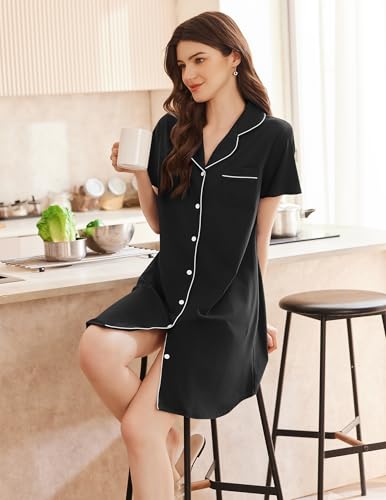 Ekouaer Womens Cotton Nightgowns Button Down Sleep Shirts Soft Night Shirts - color: Black, size: X-Large
