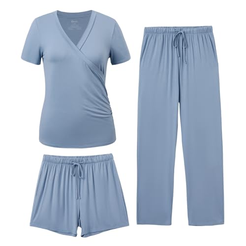 PATPAT 3-Piece Maternity Nursing Pajamas, Womens Lounge Set with Pockets - color: Dusty Blue, size: Small