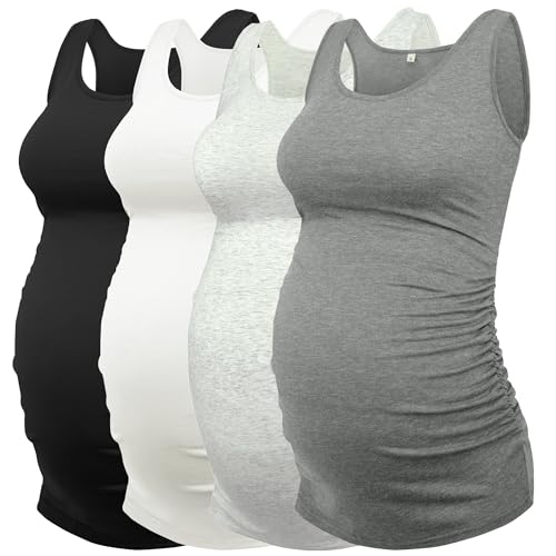 AMPOSH Womens Maternity Tank Tops 3 Pack Cotton Sleeveless Ruched Side Pregnancy Postpartum Shirts Soft Stretch Basic Top - color: Black/White/Gray/Dark Gray, size: XX-Large