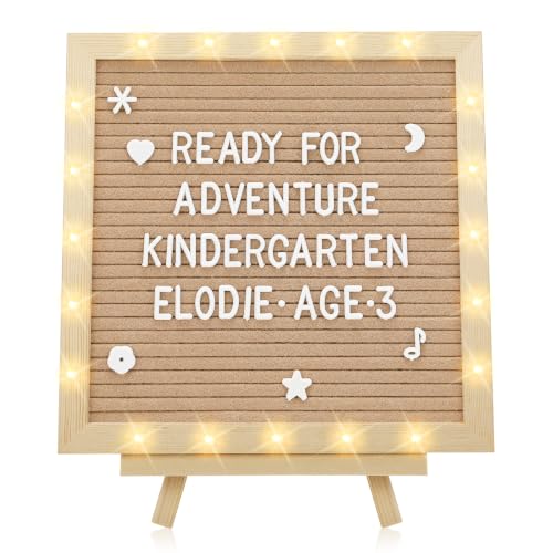 10"×10" Felt Letter Board with LED Lights & Stand, First Day of School Sign - color: Camel