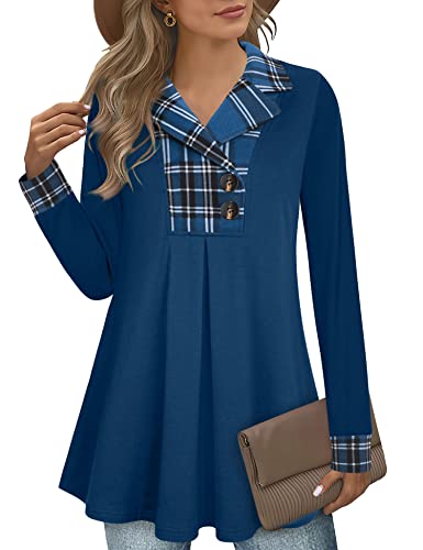 Gaharu Women's Swing Tunic Notch Collar Ladies Button Sweatshirt Long Sleeve Pullover Shirt Tops - color: Black Blue, size: Medium
