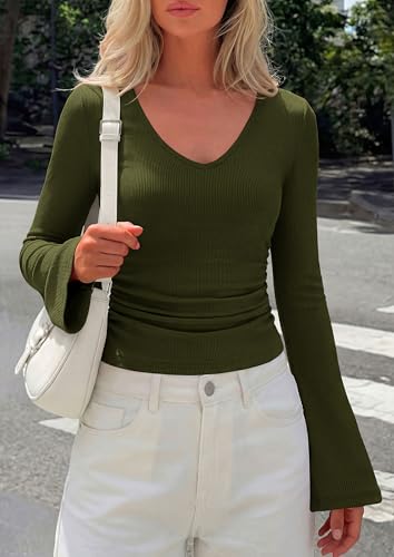 PRETTYGARDEN Womens Fall Cute Tops Bell Long Sleeve Shirts - color: Army Green, size: Medium