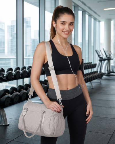 Gym Bag for Women with Yoga Mat Holder, Small Mini Gym Tote Bag Puffy Quilted Lightweight Sports Duffel Bag with Wet Compartment for Dance Yoga Workout Travel - Grey - color: Grey