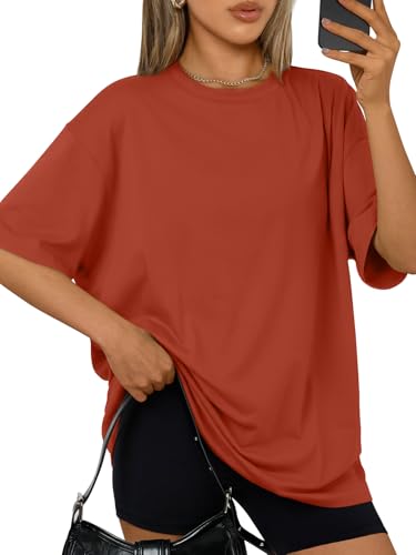 Trendy Queen Womens Oversized T-Shirts Short Sleeve Crew Neck Summer Tops - color: Brickred, size: Large
