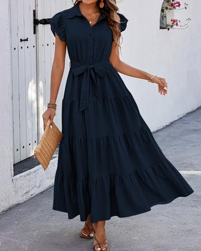 dowerme Women Ruffle Sleeve Button Belted Boho Maxi Dress - color: Navy, size: XX-Large