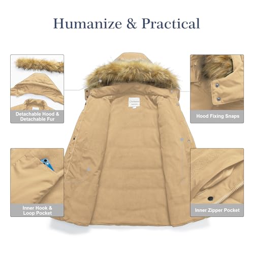 Chrisuno Women's Plus Size Winter Coat Waterproof Long Puffer Jacket Warm Thicken Parka with Removable Fur Hood - color: Khaki, size: 1X