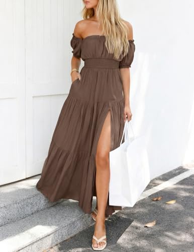 ZESICA Womens 2026 Summer Off Shoulder Boho Maxi Dress - color: Coffee, size: Small