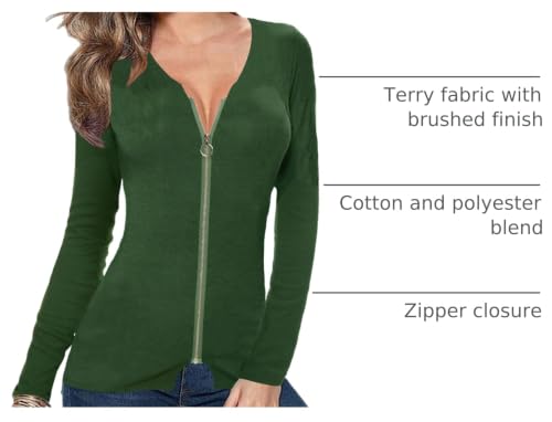 Afibi Women V Neck Zip Front Long Sleeve Casual Top Blouse Shirt/Cardigan - color: Green, size: Medium