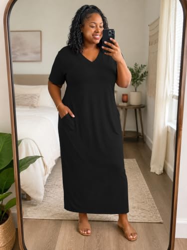 SUZONANA Women's Plus Size Maxi Dress V Neck Short Sleeve with Pockets - color: 1black, size: 4X-Large