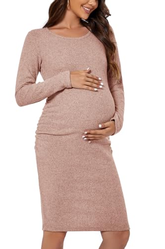 Smallshow Women's Knit Maternity Dress Long Sleeve Pregnancy Clothes - color: Brown, size: Small