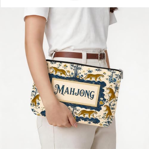 Blue Gold Chinoiserie Mahjong Tile Bag Tiger Peony Makeup Bag (Case Only) - color: Multicolor 1810