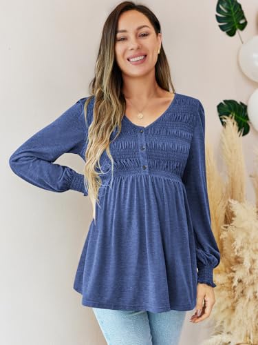 FMEYOA Maternity Tops V Neck Puff Sleeve Smocked Button Maternity Shirts - color: Blue, size: Small