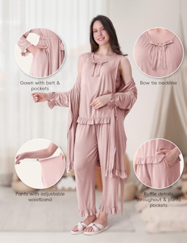 SUNNYBUY 3 PCS Ruffle Maternity Nursing Pajamas Set & Robe for Postpartum - color: Dusty Rose, size: XX-Large
