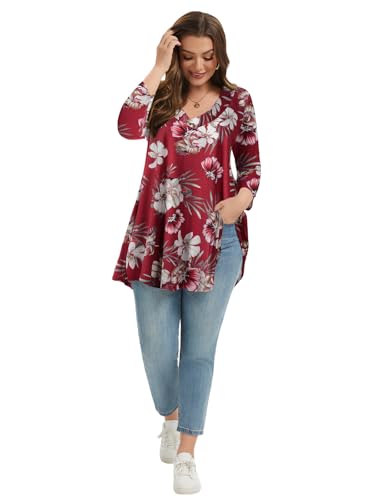 LARACE Plus Size Tunic Womens 3/4 Sleeve Tops V Neck Swing Loose Blouses - color: A-wine Red18, size: 5X