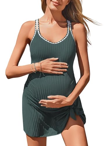 Summer Mae Ribbed Maternity Swim Dress, Tie-Knot One Piece Swimsuit - color: Olive, size: 14
