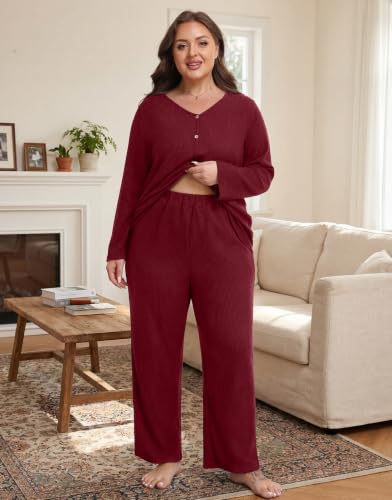 Plus Size Pajama Set for Women Long Sleeve Loose Fit Loungewear - color: Wine Red, size: 5X-Large Plus