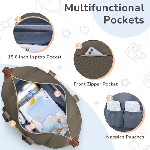 Tenot Diaper Bag Tote, Baby Diaper Bag with Pacifier Case Khaki - color: Khaki, size: Large