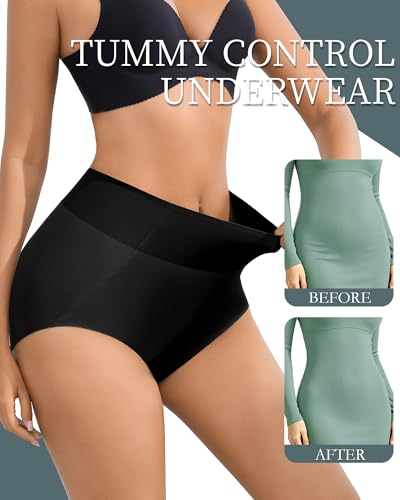 Eiggam Womens Tummy Control Underwear High Waisted Panty Full Coverage Ice Silk Briefs No show Shapewear Underwear Pack - color: Black A-4 Pack, size: Large
