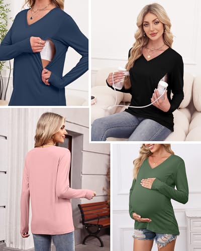 4 Pack Women's Long Sleeve Nursing Maternity Shirts - color: Black, Apple Green, Soft Pink, Haze Blue, size: Medium