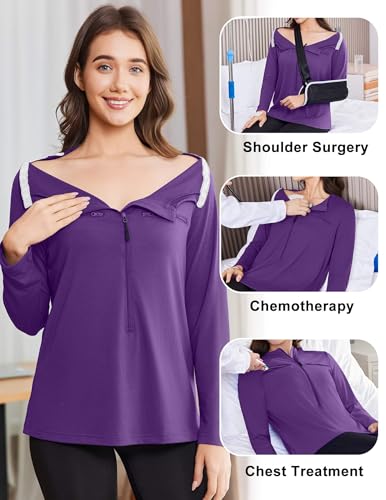 Deyeek Women's Long Sleeve Chemo Shirts Port Access Chemotherapy Apparel - color: Dark Purple, size: Medium