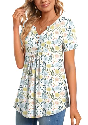 CATHY Womens Short Sleeve Tunic Tops Henley Shirt V Neck Button Up Blouse Casual Pleated Basic Pullover - color: Macaron Fl Grass, size: XX-Large