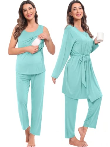 SWOMOG Maternity Nursing Robe Set 3 PCS Women Postpartum Pajamas Breastfeeding Labor Delivery Hospital Pregnancy Pjs - color: Aqua Green, size: Small