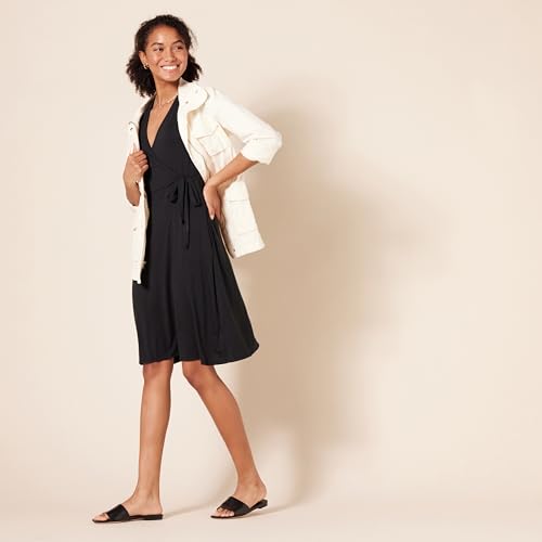 Amazon Essentials Women's Short Sleeve V Neck Faux-Wrap Dress, Fitted - color: Black, size: Medium