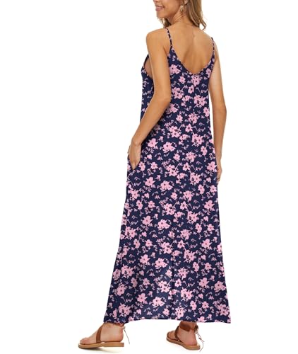 LILBETTER Women V-Neck Polka Dot Print Spaghetti Strap Boho Long Maxi Dresses - color: Navy Blue Pink, size: Large