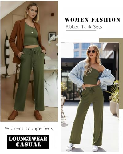 Ekouaer 4 Piece Sets for Women Casual Lounge Sets Summer Vacation Outfits - color: Armygreen, size: Medium