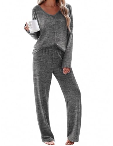Ekouaer Womens Pajama Sets Button Up Long Sleeve Lounge Set Soft V Neck Pj - color: Flower Grey, size: Medium