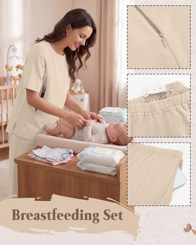 2Pc Postpartum Nursing Pajamas Set - color: Apricot, size: Large