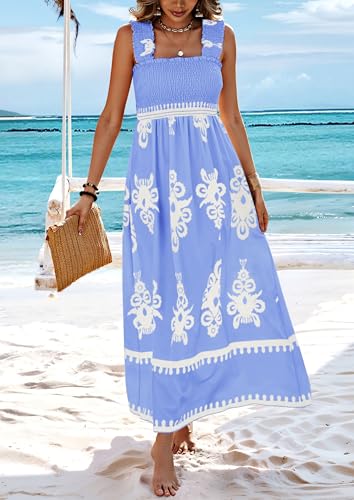 PRETTYGARDEN Women's Sleveless Boho Maxi Dress - color: Floral Sky Blue White, size: Medium