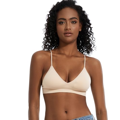 Seamless Bra for Women Low Back Bralette Wirefree Spaghetti Bra with Padded Removeable - color: Beige, size: Small
