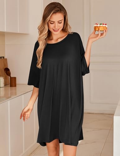 Ekouaer Nightgowns for Women Bamboo Viscose Night Gown Plus Size Nightshirt - color: Black, size: Medium
