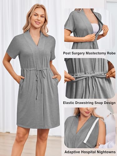 Deyeek Women's Post Surgery Mastectomy Robe with 4 Internal Drain Pockets Short Sleeve Adaptive Nightgowns Pajama Dress Shirt - color: Grey, size: Small